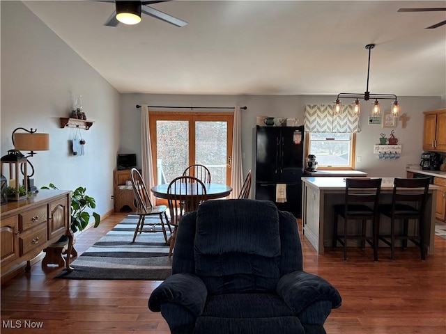 dining room featuring lofted ceiling, wood finished floors, and a ceiling fan