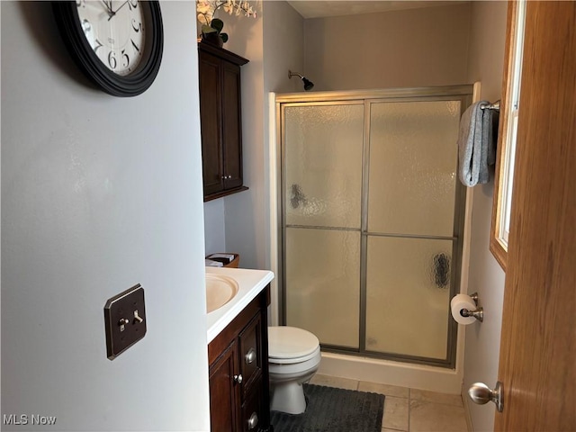 full bathroom with tile patterned floors, vanity, a shower stall, and toilet