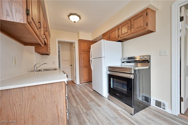 kitchen with visible vents, stainless steel range with electric stovetop, a sink, freestanding refrigerator, and light wood finished floors