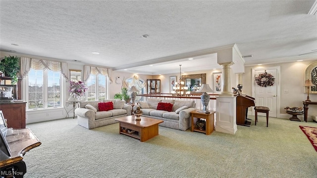 1524 Eagle Watch St NE, Canton, OH 44721 - living room with carpet floors, a notable chandelier, ornamental molding, and a textured ceiling