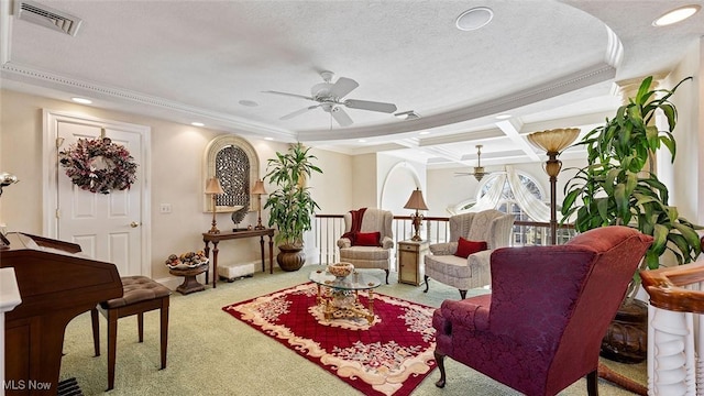 1524 Eagle Watch St NE, Canton, OH 44721 - carpeted living area featuring visible vents, coffered ceiling, a textured ceiling, crown molding, and ceiling fan