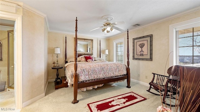 1524 Eagle Watch St NE, Canton, OH 44721 - bedroom with visible vents, ornamental molding, baseboards, light colored carpet, and ceiling fan