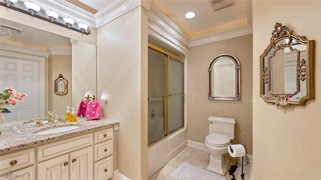 1524 Eagle Watch St NE, Canton, OH 44721 - full bathroom with baseboards, shower / bath combination with glass door, ornamental molding, tile patterned flooring, and toilet