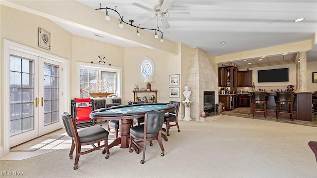 1524 Eagle Watch St NE, Canton, OH 44721 - rec room featuring french doors, light colored carpet, ceiling fan, and a fireplace