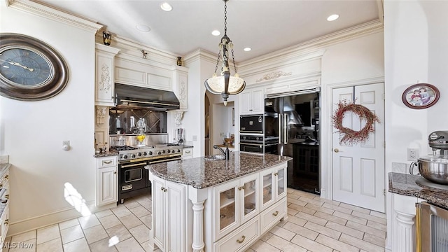 1524 Eagle Watch St NE, Canton, OH 44721 - kitchen featuring double oven range, dark stone counters, freestanding refrigerator, extractor fan, and backsplash