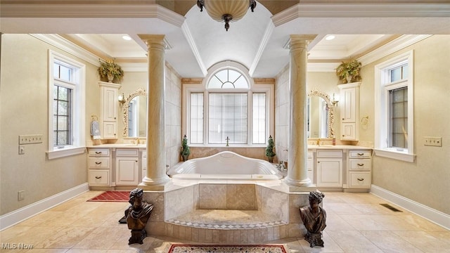 1524 Eagle Watch St NE, Canton, OH 44721 - full bathroom with a garden tub, ornamental molding, vanity, and ornate columns