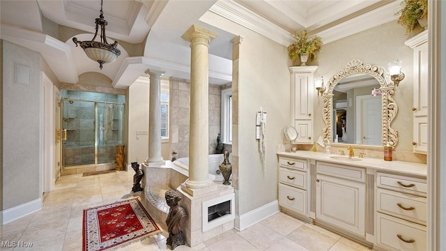 1524 Eagle Watch St NE, Canton, OH 44721 - bathroom with a shower stall, crown molding, decorative columns, a raised ceiling, and vanity