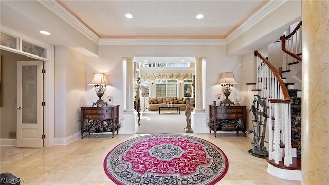 1524 Eagle Watch St NE, Canton, OH 44721 - foyer entrance with recessed lighting, baseboards, crown molding, and ornate columns