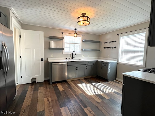 1865 Triumph Ave, Lake Milton, OH 44429 - kitchen with a sink, gray cabinetry, dark wood finished floors, appliances with stainless steel finishes, and open shelves