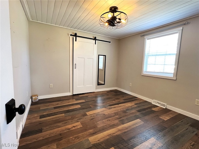 1865 Triumph Ave, Lake Milton, OH 44429 - spare room featuring baseboards, visible vents, dark wood finished floors, wood ceiling, and a barn door