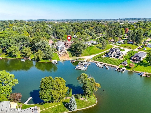 bird's eye view with a water view and a wooded view
