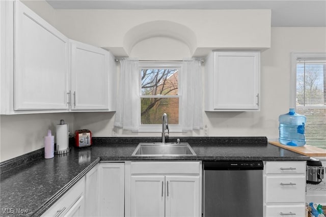 kitchen with a sink, white cabinetry, and dishwasher