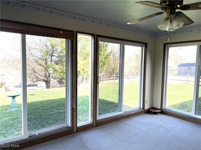 doorway to outside with carpet and ceiling fan