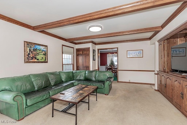 living area featuring light carpet, beamed ceiling, crown molding, and baseboards