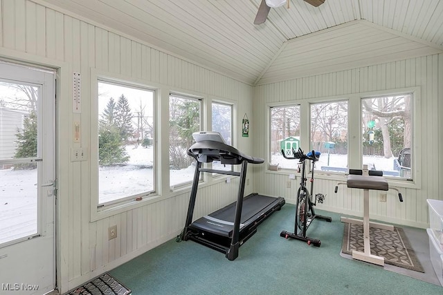 exercise area with lofted ceiling, carpet floors, and ceiling fan