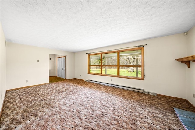 unfurnished living room with visible vents, a textured ceiling, carpet flooring, a baseboard radiator, and baseboards
