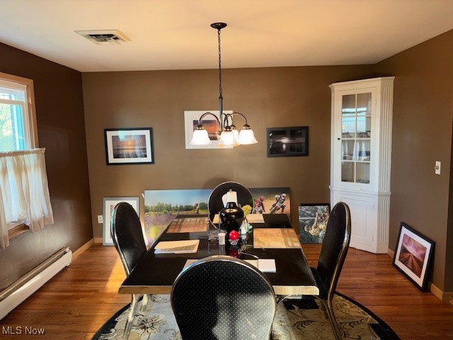 1317 Hartzell, Niles, OH 44446 - dining space featuring visible vents, baseboard heating, an inviting chandelier, and wood finished floors
