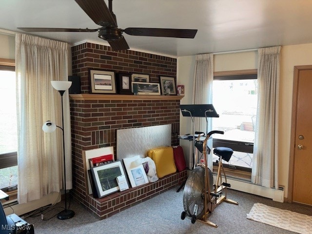 1317 Hartzell, Niles, OH 44446 - workout room featuring brick wall, carpet floors, and ceiling fan