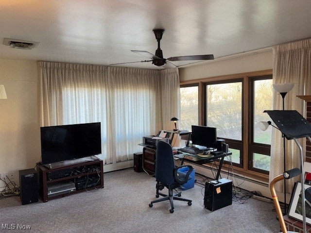 1317 Hartzell, Niles, OH 44446 - carpeted office featuring visible vents, a baseboard heating unit, and a ceiling fan