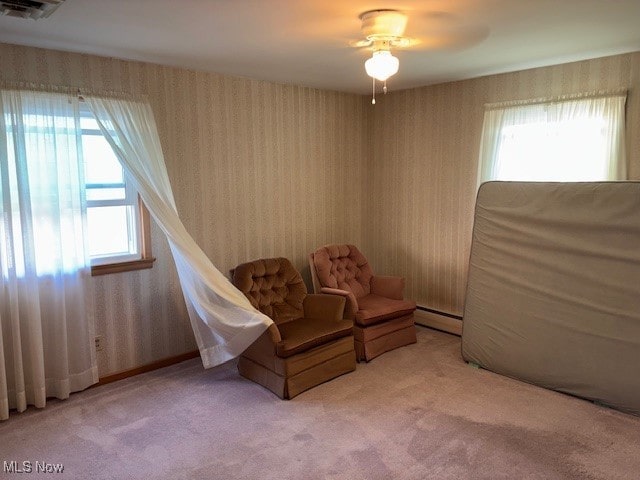 1317 Hartzell, Niles, OH 44446 - sitting room featuring plenty of natural light, light colored carpet, wallpapered walls, and a baseboard radiator