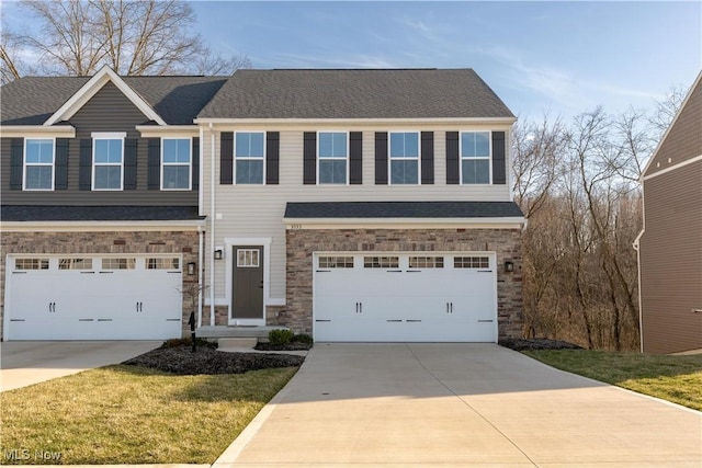 view of front of house with a garage, stone siding, driveway, and roof with shingles