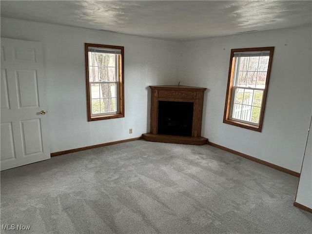 16535 State Route 60 S, Dresden, OH 43821 - unfurnished living room with carpet, a healthy amount of sunlight, baseboards, and a fireplace with raised hearth