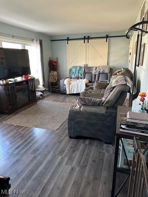 living area featuring a barn door and wood finished floors