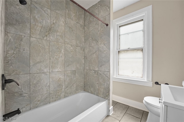 1344 E 112th St, Cleveland, OH 44106 - full bathroom with vanity, baseboards, tub / shower combination, tile patterned floors, and toilet