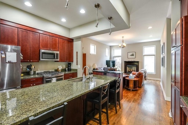 1581 E 118th St, Cleveland, OH 44106 - kitchen with a sink, open floor plan, wood finished floors, stainless steel appliances, and reddish brown cabinets