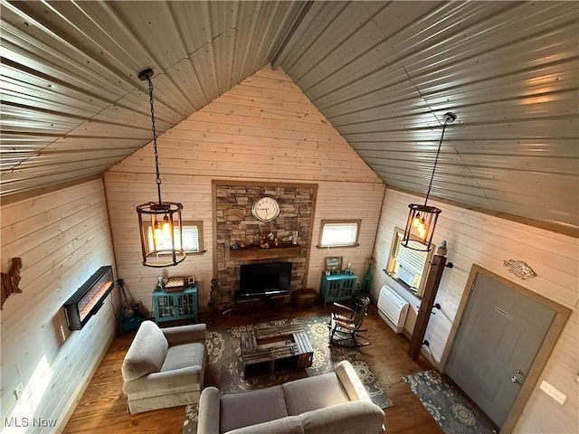 16223 Wooly Bear Ln, Kimbolton, OH 43749 - living area with a stone fireplace, wood finished floors, lofted ceiling, wood walls, and wood ceiling