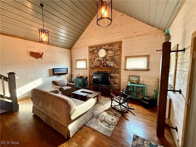 16223 Wooly Bear Ln, Kimbolton, OH 43749 - living room featuring wooden ceiling, wood-type flooring, high vaulted ceiling, wood walls, and healthy amount of natural light