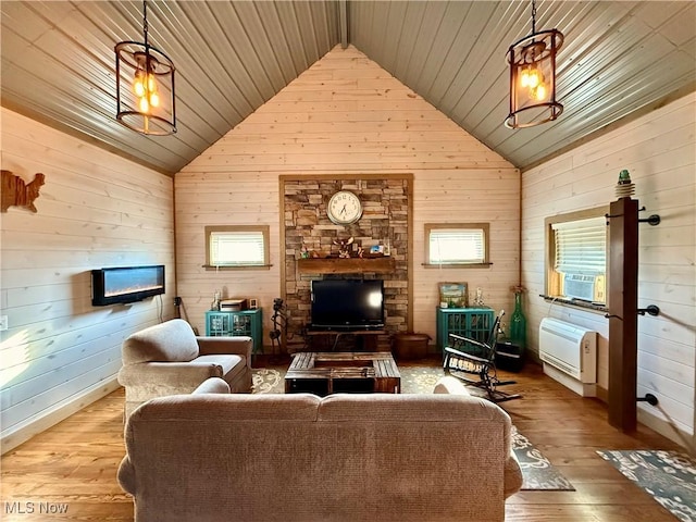16223 Wooly Bear Ln, Kimbolton, OH 43749 - living room with vaulted ceiling, wood-type flooring, wooden walls, wooden ceiling, and a fireplace