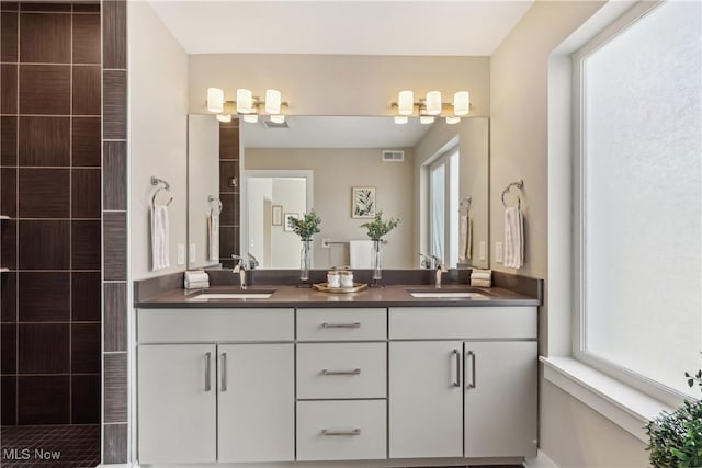 1228 W 74th St, Cleveland, OH 44102 - bathroom featuring double vanity, visible vents, tiled shower, and a sink