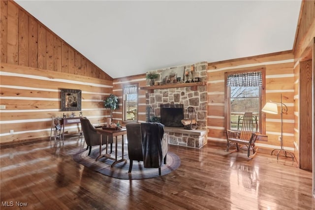 1525 Old Kyle Rd, Dorset, OH 44032 - interior space with a healthy amount of sunlight, wood finished floors, wood walls, and vaulted ceiling