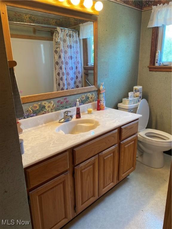 30173 Georgetown Rd, Salem, OH 44460 - full bathroom with vanity, toilet, and a shower with shower curtain