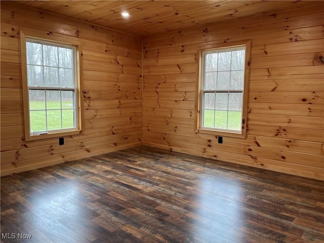 2239 Eureka Rd, Ashtabula, OH 44004 - unfurnished room featuring wooden walls, wood ceiling, and dark wood-style flooring