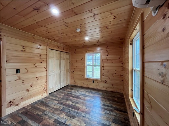 2239 Eureka Rd, Ashtabula, OH 44004 - unfurnished bedroom with dark wood-style flooring, wood walls, wood ceiling, and recessed lighting
