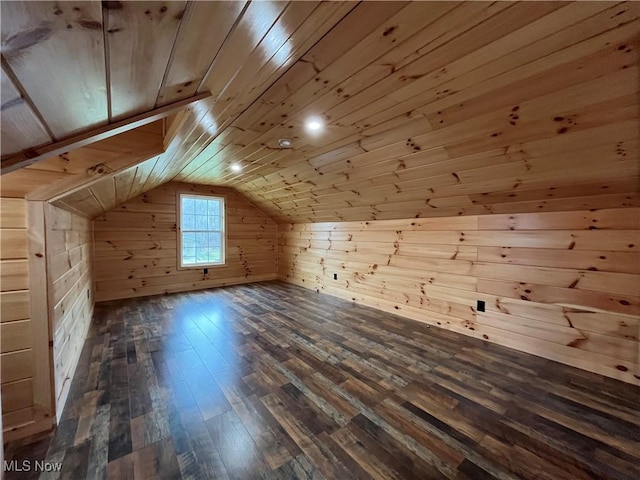 2239 Eureka Rd, Ashtabula, OH 44004 - additional living space with wooden walls, wooden ceiling, lofted ceiling, and dark wood-type flooring