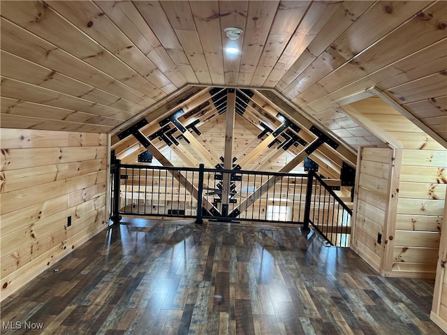 2239 Eureka Rd, Ashtabula, OH 44004 - bonus room with wooden ceiling, hardwood / wood-style flooring, wood walls, and lofted ceiling