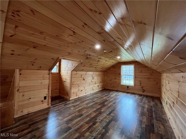 2239 Eureka Rd, Ashtabula, OH 44004 - additional living space with wooden walls, dark wood-style flooring, vaulted ceiling, and wooden ceiling