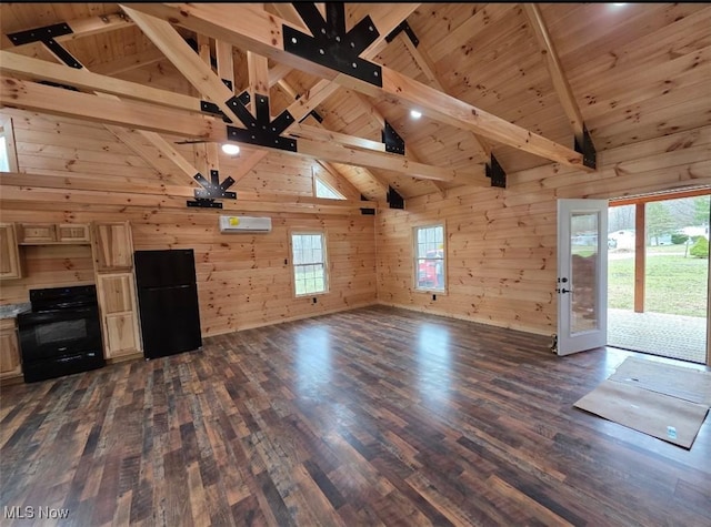 2239 Eureka Rd, Ashtabula, OH 44004 - unfurnished living room with wooden walls, lofted ceiling with beams, dark wood-style floors, and wooden ceiling