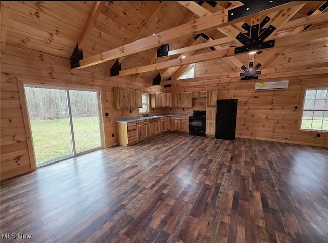 2239 Eureka Rd, Ashtabula, OH 44004 - unfurnished living room featuring wood walls, a sink, high vaulted ceiling, beamed ceiling, and dark wood-style floors