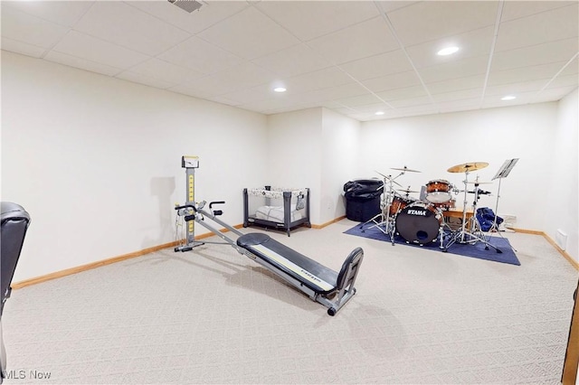 exercise area featuring visible vents, recessed lighting, baseboards, and a drop ceiling