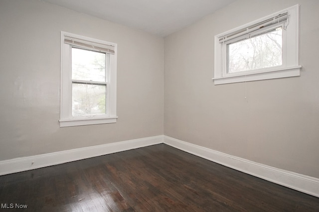 empty room featuring dark wood-style floors and baseboards