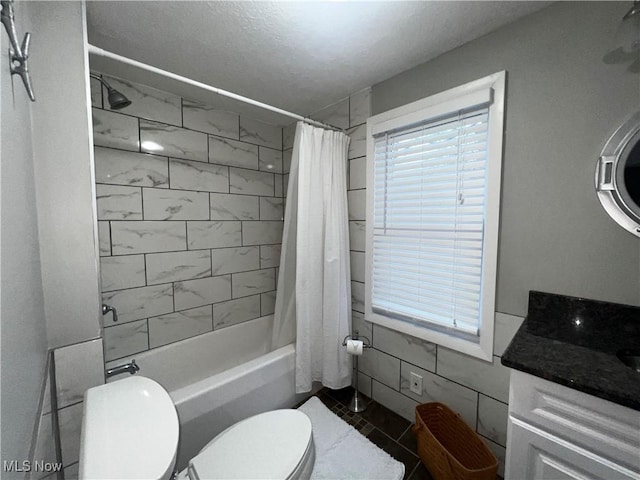 2326 Canfield Rd, Akron, OH 44312 - bathroom featuring vanity, a wealth of natural light, toilet, and shower / tub combo with curtain