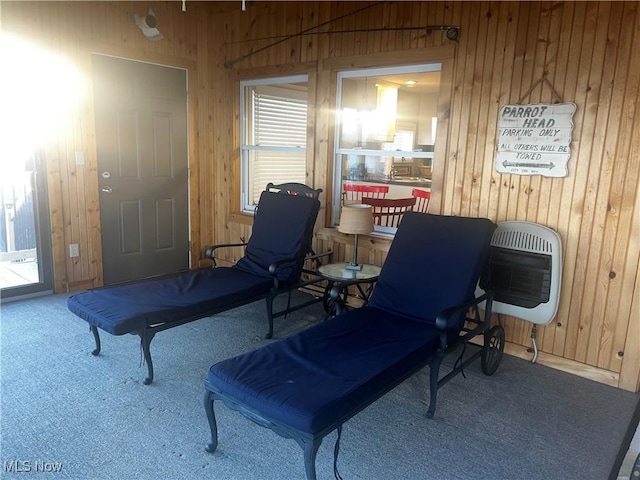 2326 Canfield Rd, Akron, OH 44312 - sitting room with heating unit, carpet floors, and wood walls