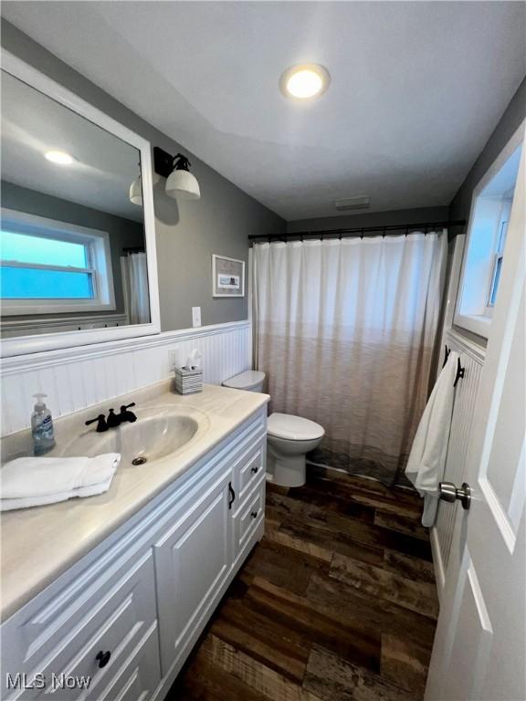 2326 Canfield Rd, Akron, OH 44312 - bathroom featuring wainscoting, vanity, toilet, and wood finished floors