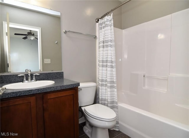 1261 W 74, Cleveland, OH 44102 - bathroom featuring toilet, ceiling fan, vanity, shower / bath combo with shower curtain, and tile patterned floors