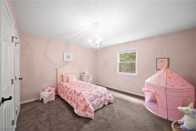 4100 Chagrin River Rd, Moreland Hills, OH 44022 - bedroom featuring a chandelier, carpet floors, baseboards, and a textured ceiling