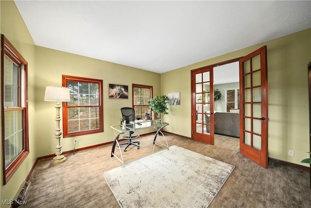 4100 Chagrin River Rd, Moreland Hills, OH 44022 - office area with french doors, carpet floors, and baseboards